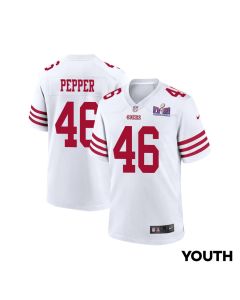 Taybor Pepper 46 San Francisco 49ers Super Bowl LVIII Patch Game YOUTH Jersey – White