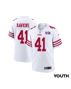 Tayler Hawkins 41 San Francisco 49ers Super Bowl LVIII Patch Game YOUTH Jersey – White