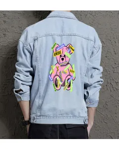 Teddy Bear Jean Jacket for Men – Gift for Streetwear Fans – Christmas Gift - Light Blue - Main View