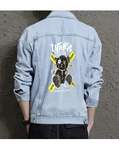 Teddy Bear Jean Jacket for Men – Gift for Streetwear Fans – Birthday Present - Light Blue - Main View