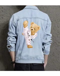 Teddy Karate Jean Jacket for Men – Gift for Gamers – Birthday Present - Light Blue - Main View