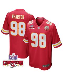 Tershawn Wharton 98 Kansas City Chiefs Super Bowl LVIII Champions 4 Stars Patch Game Men Jersey – Red