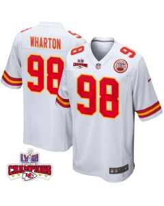 Tershawn Wharton 98 Kansas City Chiefs Super Bowl LVIII Champions 4 Stars Patch Game Men Jersey – White