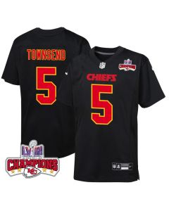 Tommy Townsend 5 Kansas City Chiefs Super Bowl LVIII Champions 4 Stars Patch Fashion Game YOUTH Jersey – Carbon Black