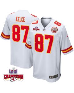 Travis Kelce 87 Kansas City Chiefs Super Bowl LVIII Champions 4 Stars Patch Game Men Jersey – White