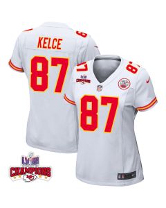 Travis Kelce 87 Kansas City Chiefs Super Bowl LVIII Champions 4 Stars Patch Game Women Jersey – White