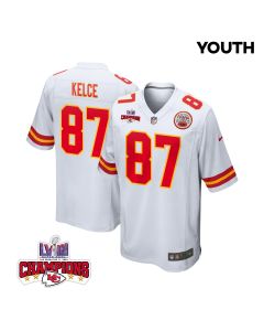 Travis Kelce 87 Kansas City Chiefs Super Bowl LVIII Champions 4 Stars Patch Game YOUTH Jersey – White