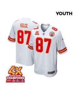 Travis Kelce 87 Kansas City Chiefs Super Bowl LVIII Champions 4X Game YOUTH Jersey – White
