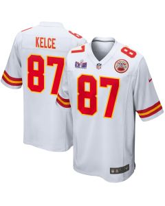 Travis Kelce 87 Kansas City Chiefs Super Bowl LVIII Patch Game Men Jersey – White
