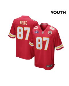 Travis Kelce 87 Kansas City Chiefs Super Bowl LVIII Patch Game YOUTH Jersey – Red