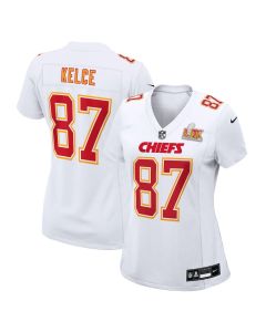 Travis Kelce 87 Kansas City Chiefs Women’s Super Bowl LIX Fashion Game Jersey – Tundra White