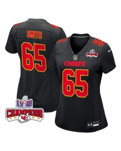 Trey Smith 65 Kansas City Chiefs Super Bowl LVIII Champions 4 Stars Patch Fashion Game Women Jersey – Carbon Black