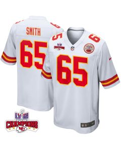 Trey Smith 65 Kansas City Chiefs Super Bowl LVIII Champions 4 Stars Patch Game Men Jersey – White