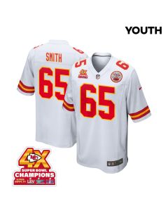 Trey Smith 65 Kansas City Chiefs Super Bowl LVIII Champions 4X Game YOUTH Jersey – White