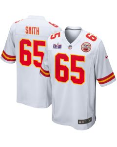 Trey Smith 65 Kansas City Chiefs Super Bowl LVIII Patch Game Men Jersey – White