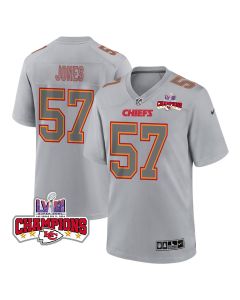 Truman Jones 57 Kansas City Chiefs Super Bowl LVIII Champions 4 Stars Patch Atmosphere Fashion Game Men Jersey – Gray