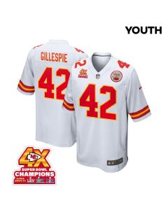 Tyree Gillespie 42 Kansas City Chiefs Super Bowl LVIII Champions 4X Game YOUTH Jersey – White