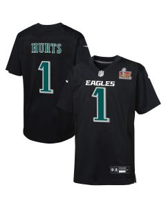 Youth Philadelphia Eagles Jalen Hurts Carbon Black Super Bowl LIX Patch Fashion Game Player Jersey