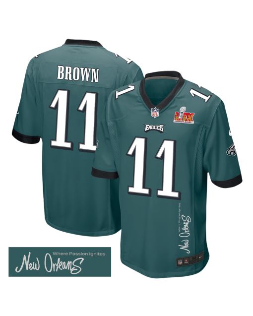 A.J. Brown 11 Philadelphia Eagles Super Bowl LIX ‘New Orleans – Where Passion Ignites’ EMBROIDERED Game Men Jersey – Midnight Green