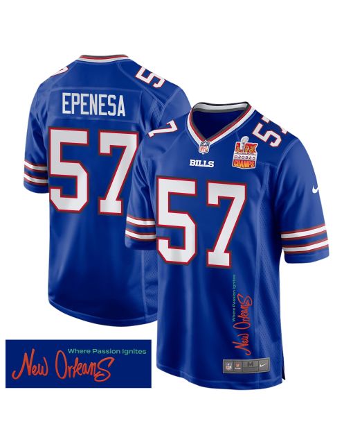 A.J. Epenesa 57 Buffalo Bills Super Bowl LIX Champions Patch ‘New Orleans – Where Passion Ignites’ EMBROIDERED Game Men Jersey – Royal