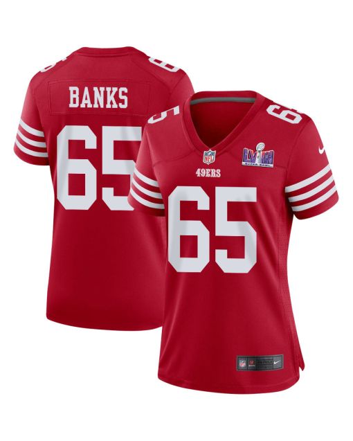Aaron Banks 65 San Francisco 49ers Super Bowl LVIII Patch Game Women Jersey – Scarlet