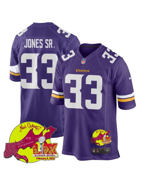 Aaron Jones Sr. 33 Minnesota Vikings Super Bowl LIX New Orleans Patch Game Men Jersey – Purple
