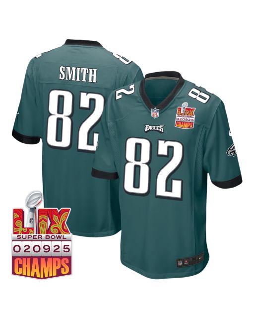 Ainias Smith 82 Philadelphia Eagles Super Bowl LIX Champions Patch Game Men Jersey – Midnight Green