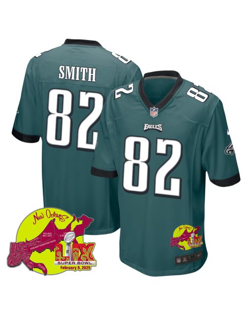 Ainias Smith 82 Philadelphia Eagles Super Bowl LIX New Orleans Patch Game Men Jersey – Midnight Green