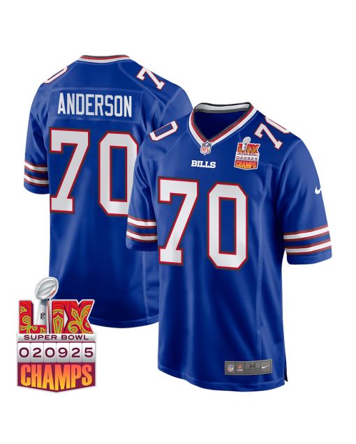 Alec Anderson 70 Buffalo Bills Super Bowl LIX Champions Patch Game Men Jersey – Royal