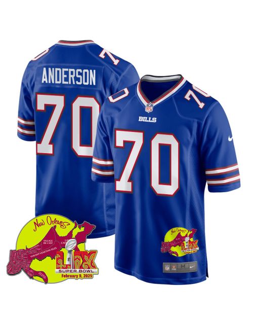 Alec Anderson 70 Buffalo Bills Super Bowl LIX New Orleans Patch Game Men Jersey – Royal