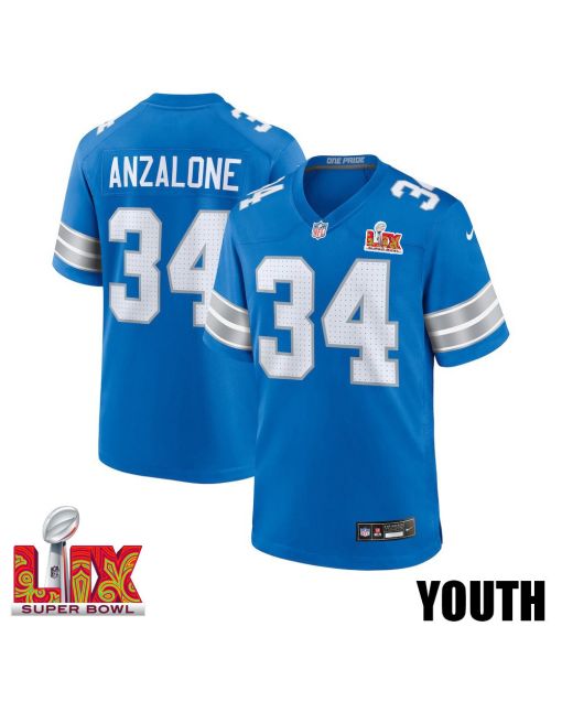 Alex Anzalone #34 Detroit Lions Super Bowl LIX YOUTH Jersey – Blue
