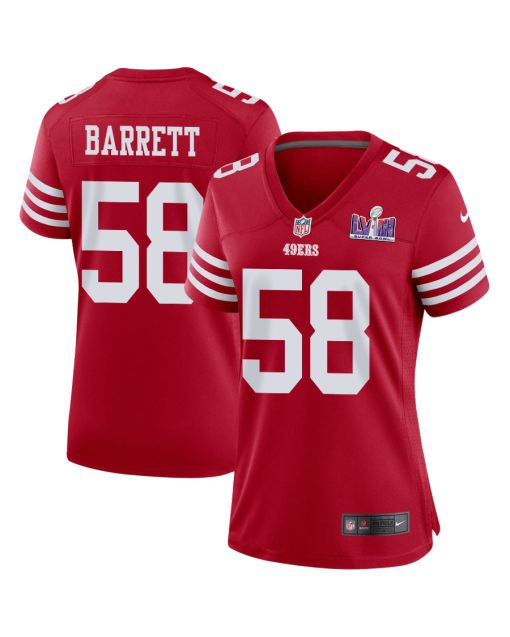 Alex Barrett 58 San Francisco 49ers Super Bowl LVIII Patch Game Women Jersey – Scarlet