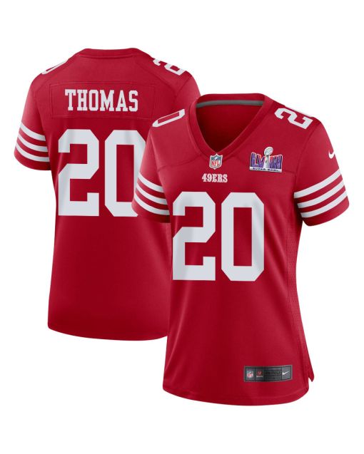 Ambry Thomas 20 San Francisco 49ers Super Bowl LVIII Patch Game Women Jersey – Scarlet