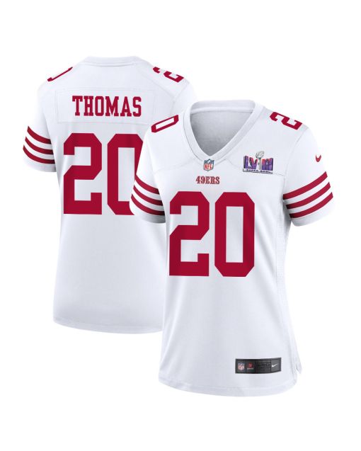 Ambry Thomas 20 San Francisco 49ers Super Bowl LVIII Patch Game Women Jersey – White