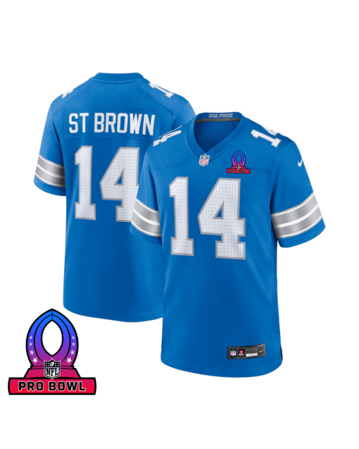 Amon-Ra St. Brown 14 Detroit Lions 2025 Pro Bowl Patch Game Men Jersey – Blue