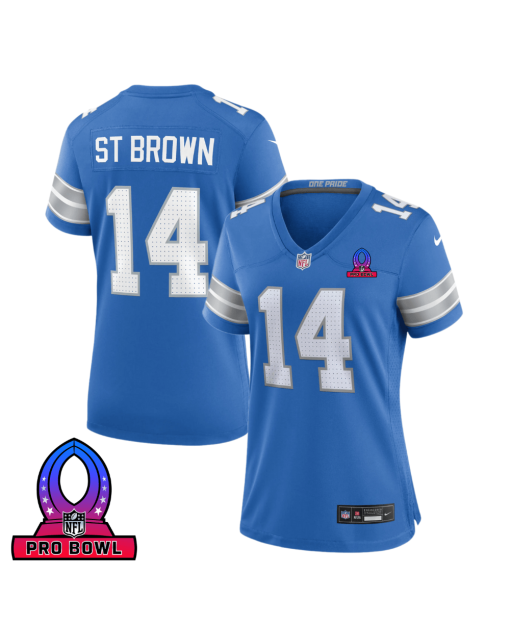 Amon-Ra St. Brown 14 Detroit Lions 2025 Pro Bowl Patch Women Game Jersey – Blue