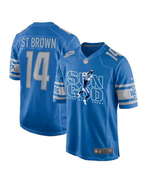 Amon-Ra St. Brown 14 Detroit Lions Sun God Game Men Jersey – Blue