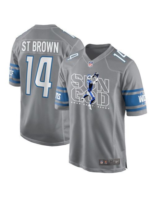 Amon-Ra St. Brown 14 Detroit Lions Sun God Game Men Jersey – Silver