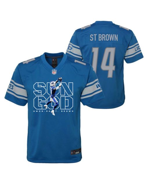 Amon-Ra St. Brown 14 Detroit Lions Sun God Game YOUTH Jersey – Blue