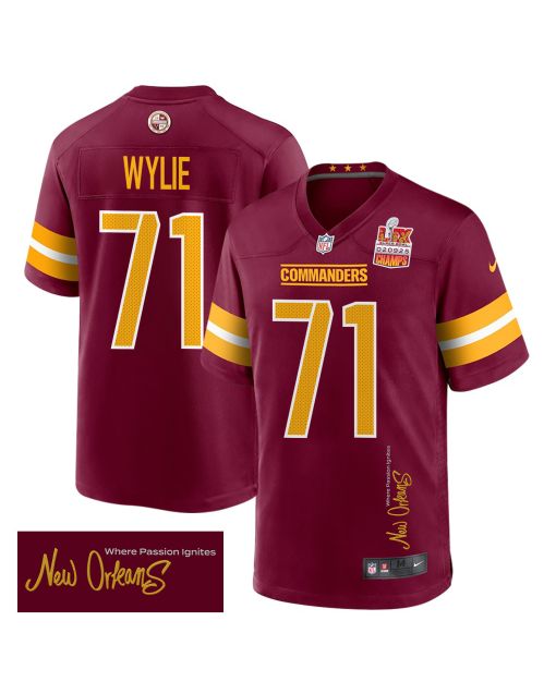 Andrew Wylie 71 Washington Commanders Super Bowl LIX Champions Patch ‘New Orleans – Where Passion Ignites’ EMBROIDERED Game Men Jersey – Burgundy