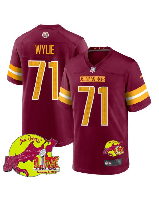 Andrew Wylie 71 Washington Commanders Super Bowl LIX New Orleans Patch Game Men Jersey – Burgundy