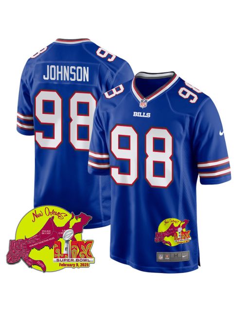 Austin Johnson 98 Buffalo Bills Super Bowl LIX New Orleans Patch Game Men Jersey – Royal