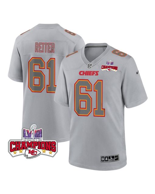 Austin Reiter 61 Kansas City Chiefs Super Bowl LVIII Champions 4 Stars Patch Atmosphere Fashion Game Men Jersey – Gray