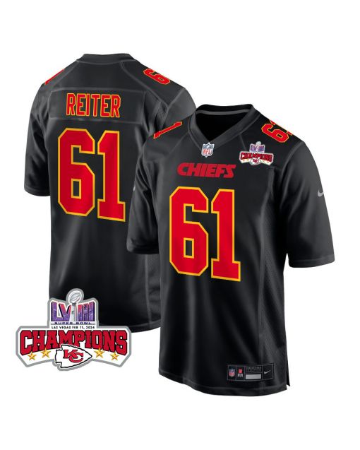 Austin Reiter 61 Kansas City Chiefs Super Bowl LVIII Champions 4 Stars Patch Fashion Game Men Jersey – Carbon Black
