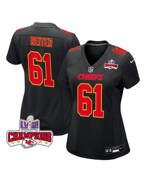 Austin Reiter 61 Kansas City Chiefs Super Bowl LVIII Champions 4 Stars Patch Fashion Game Women Jersey – Carbon Black