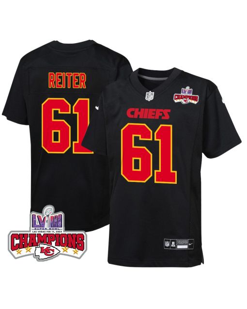 Austin Reiter 61 Kansas City Chiefs Super Bowl LVIII Champions 4 Stars Patch Fashion Game YOUTH Jersey – Carbon Black