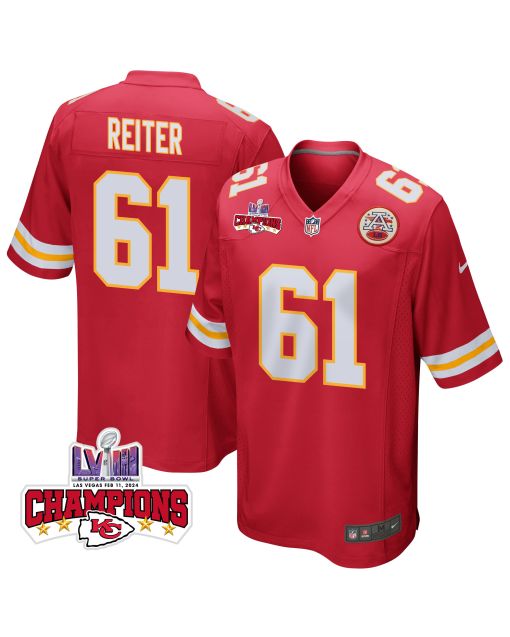 Austin Reiter 61 Kansas City Chiefs Super Bowl LVIII Champions 4 Stars Patch Game Men Jersey – Red