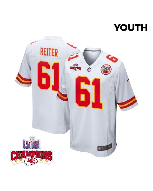 Austin Reiter 61 Kansas City Chiefs Super Bowl LVIII Champions 4 Stars Patch Game YOUTH Jersey – White