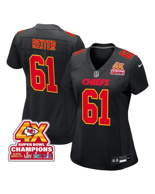 Austin Reiter 61 Kansas City Chiefs Super Bowl LVIII Champions 4X Fashion Game Women Jersey – Carbon Black