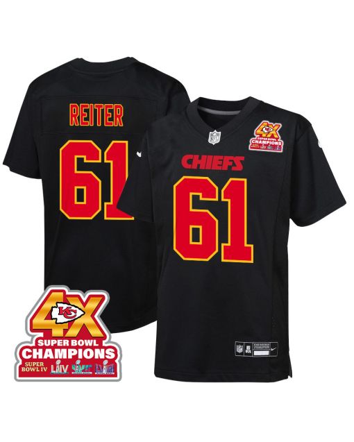 Austin Reiter 61 Kansas City Chiefs Super Bowl LVIII Champions 4X Fashion Game YOUTH Jersey – Carbon Black